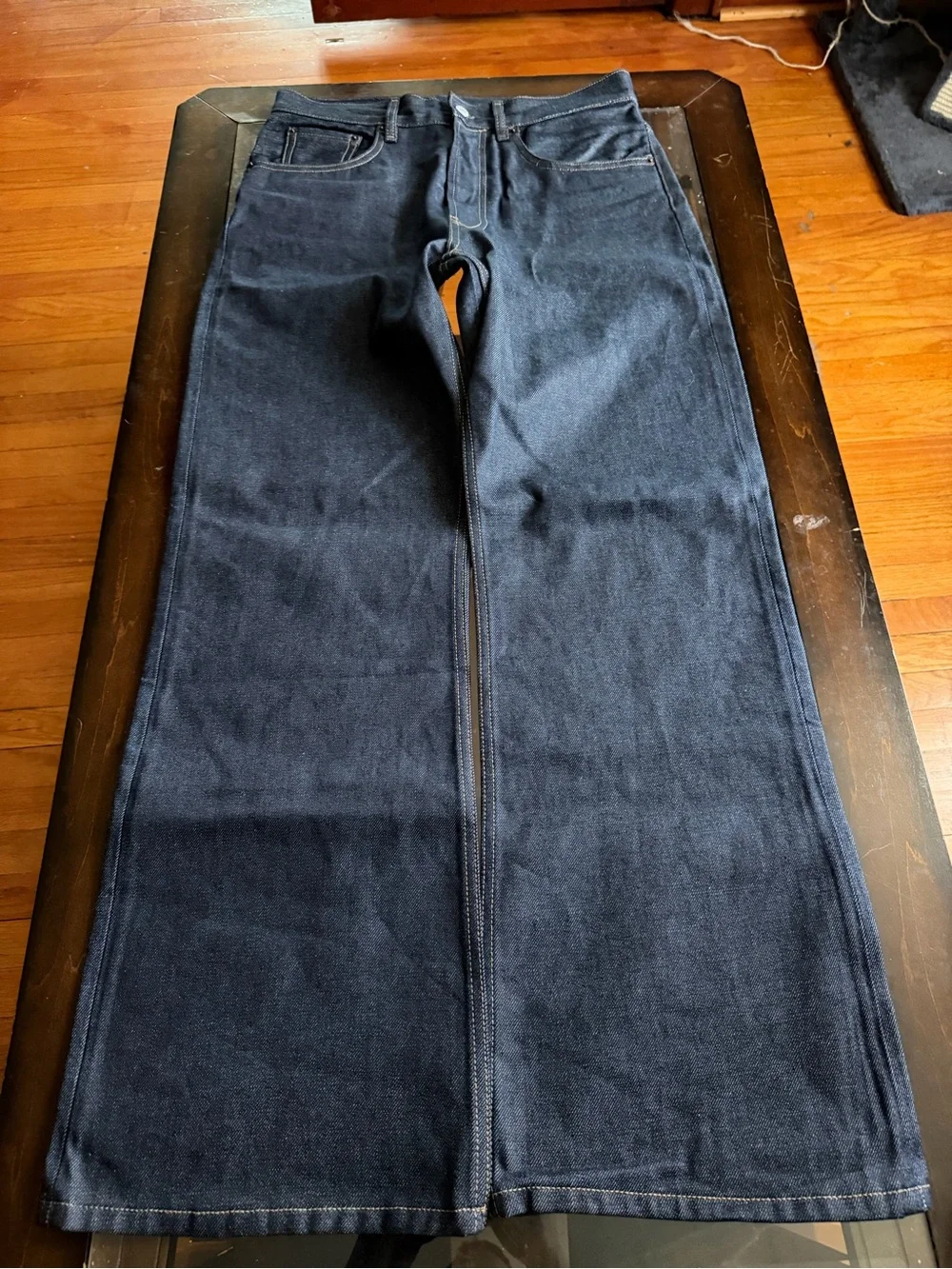 Acne Studios 2021M New RawDark Indigo Denim Jeans with Tan Leather Patch - Picture 4 of 5